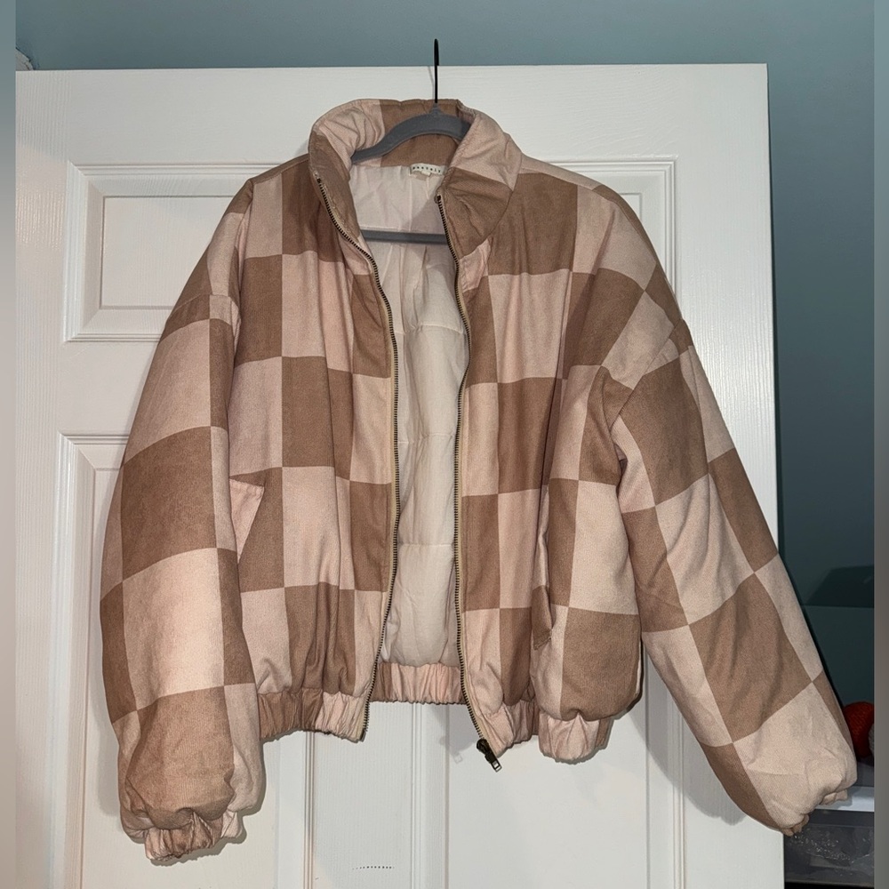 Checkered Tan and Cream Puffer Jacket